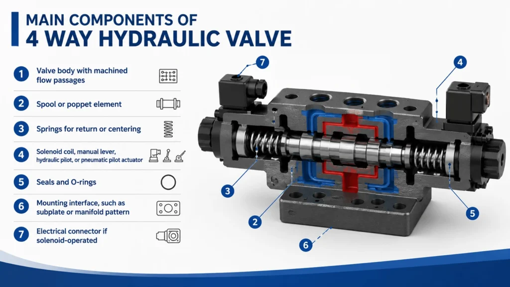 Main Components of 4 way hydraulic valve