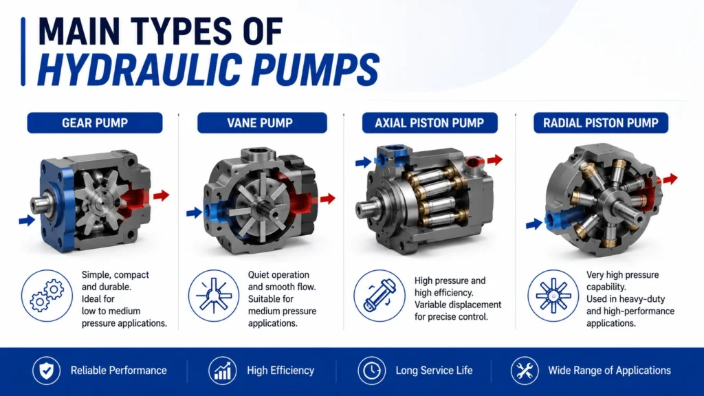 Main Types of Hydraulic Pumps Gear pump Vane pump Axial piston pump Radial piston pump