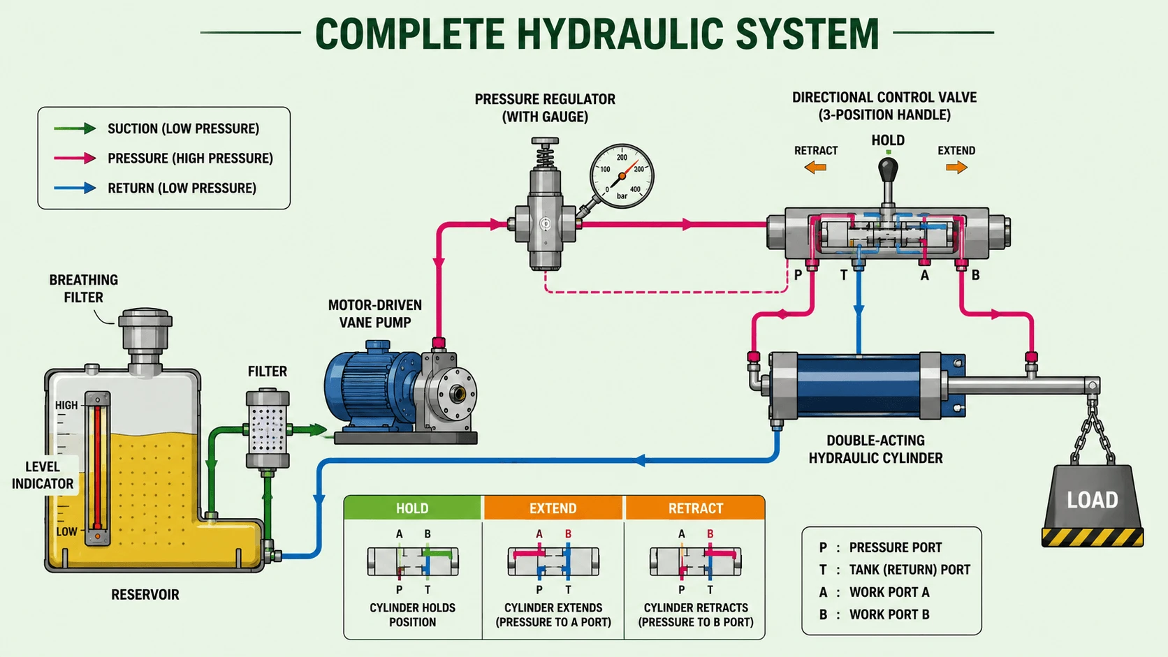 Complete hydraulic system schematic diagram showing reservoir, filter, motor-driven vane pump, pressure regulator with gauge, directional control valve, double-acting hydraulic cylinder, and color-coded hydraulic fluid flow paths for extend, hold, and retract operations.