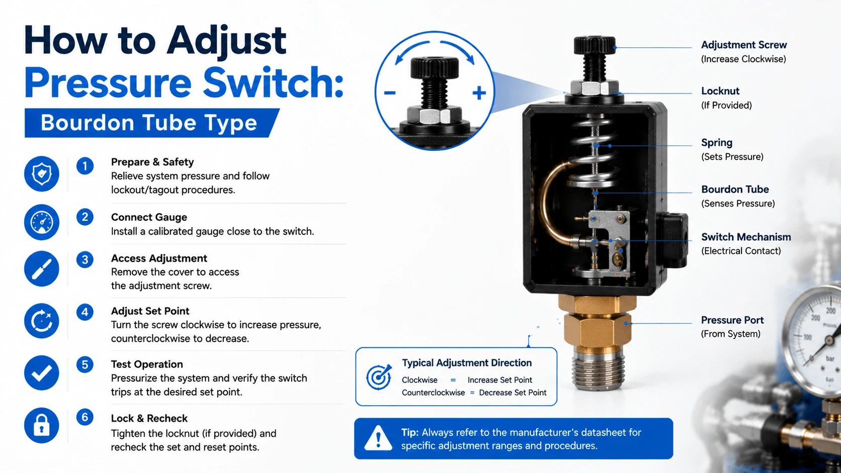 How to Adjust Pressure Switch- Bourdon Tube Type