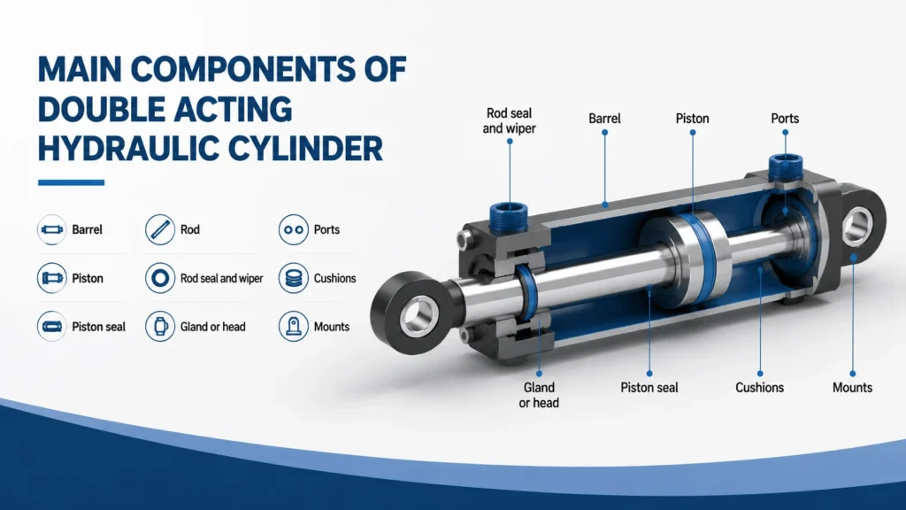 Main Components of Double Acting Hydraulic Cylinder