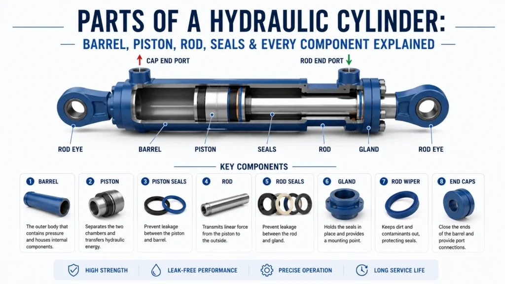 Parts of a Hydraulic Cylinder- Barrel, Piston, Rod, Seals & Every Component Explained