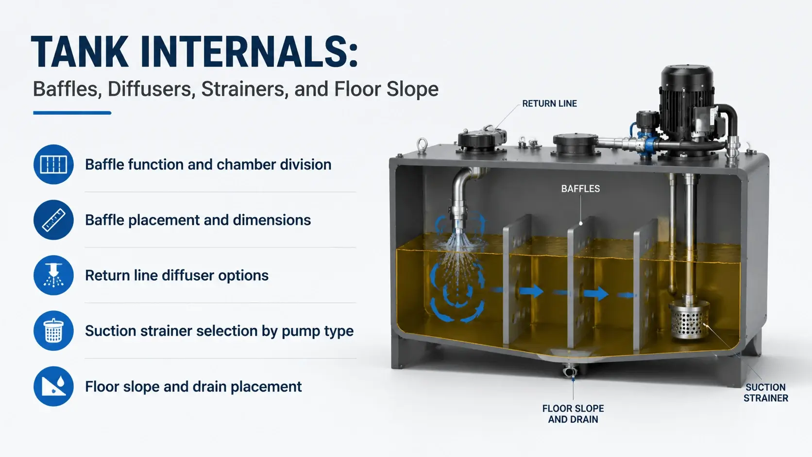 Tank internals- baffles, diffusers, strainers, and floor slope